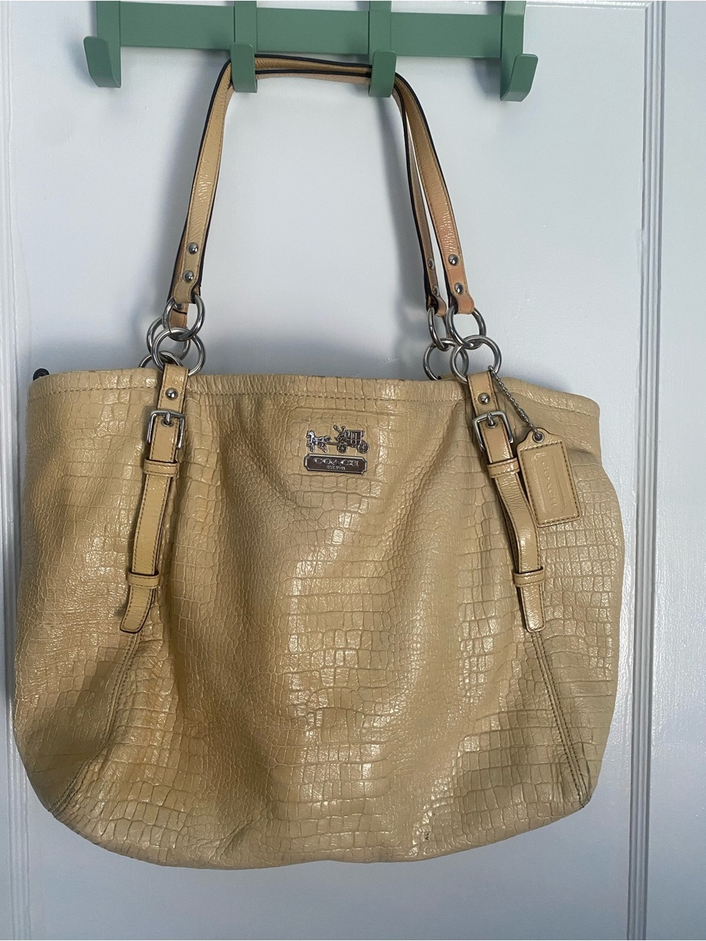 Coach Croc-Embossed Leather Tote Shoulder Bag in Light Beige